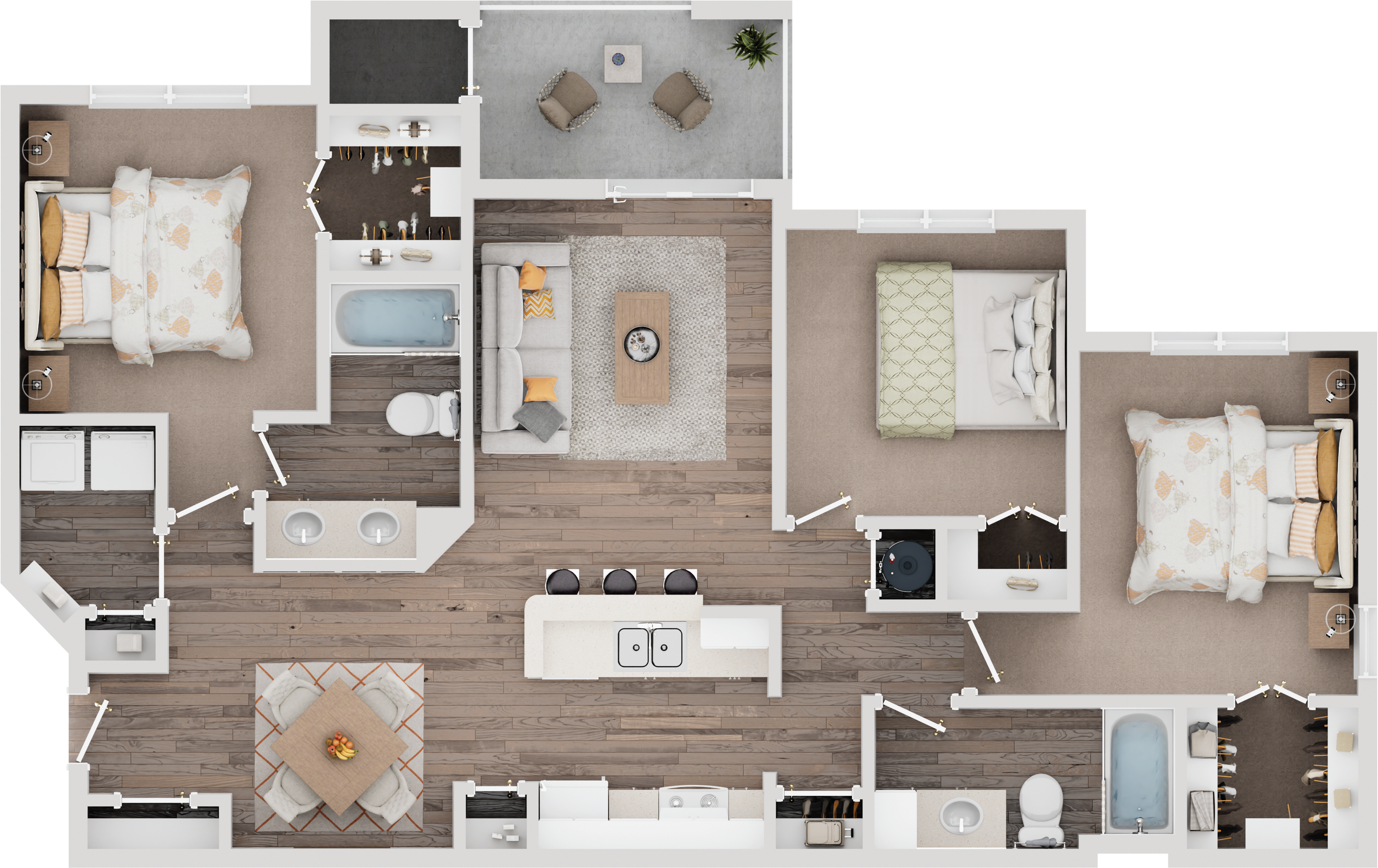 3-bedroom floor plan featuring open living area, equipped kitchen, and luxurious bathrooms.