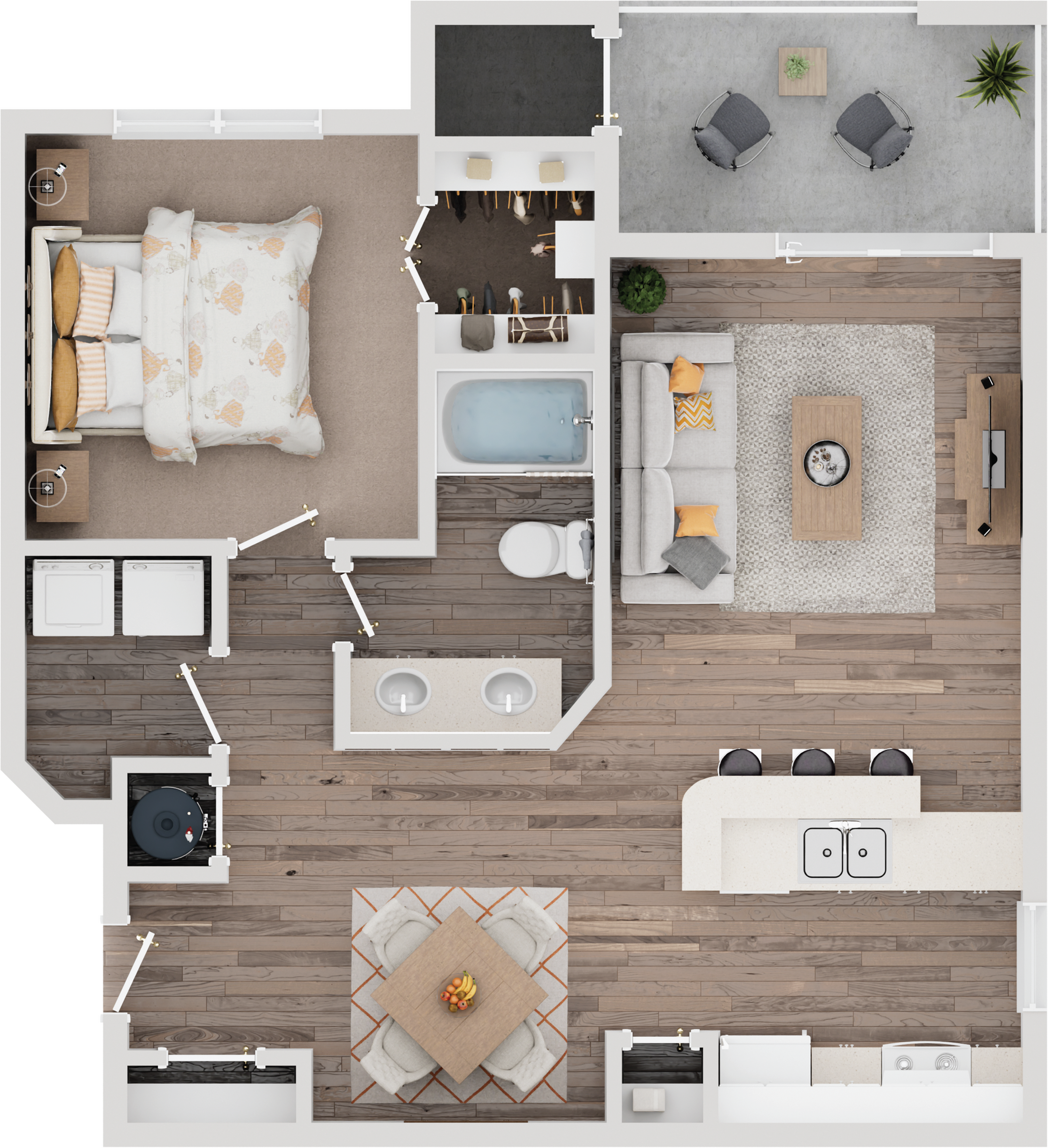 One-bedroom apartment floor plan with open living room, dining area, and kitchen.