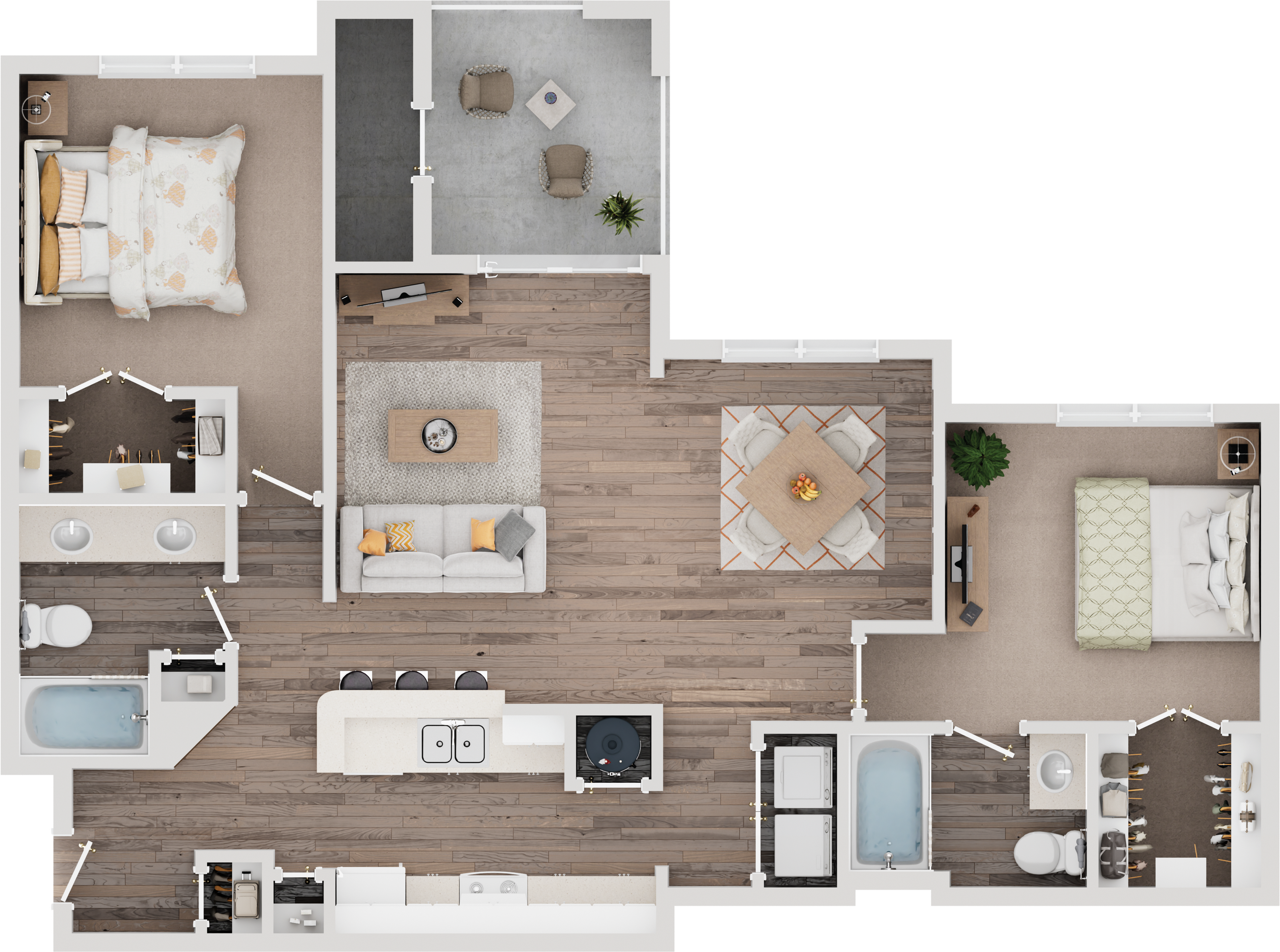 2D floor plan showcasing a modern layout with two bedrooms, open kitchen, living area, and dining space.