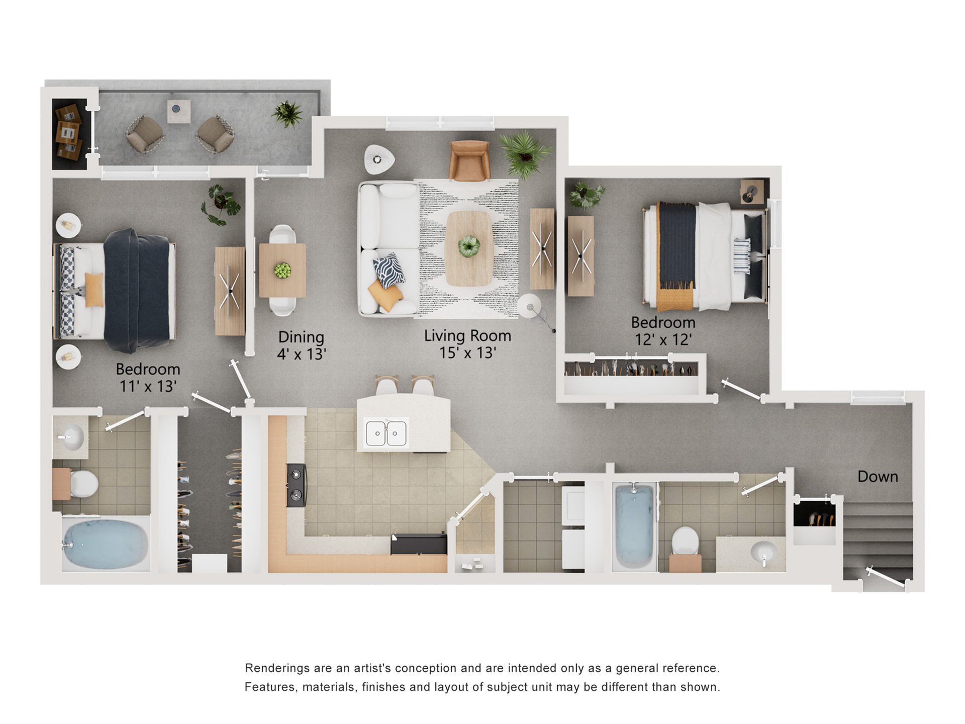 Elegant apartment floor plan showcasing 2 spacious bedrooms, an inviting living room, and a modern kitchen with dining area at Enclave on Golden Triangle Apartments in Fort Worth..