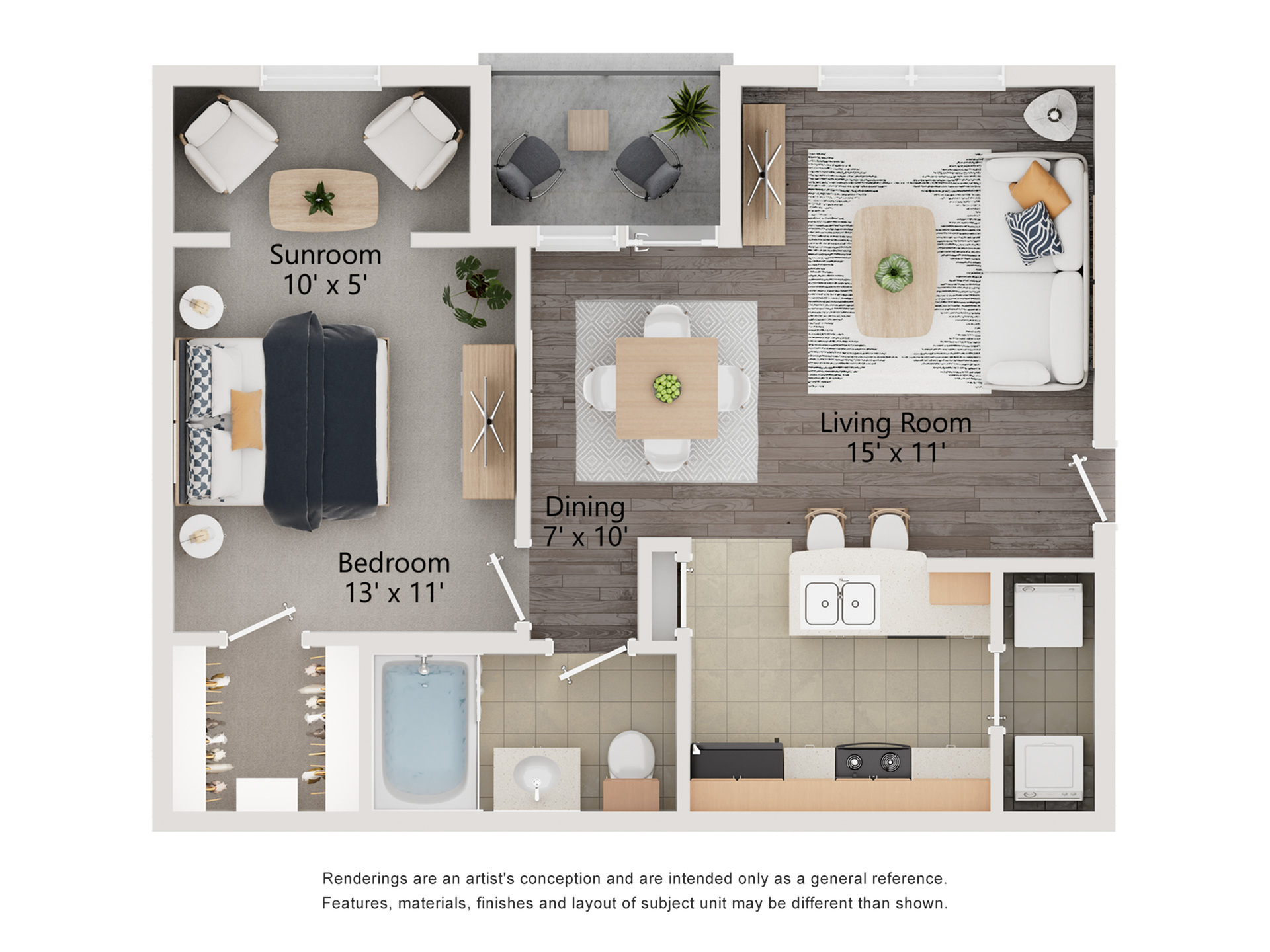 Contemporary floor plan featuring a cozy bedroom, sunroom, spacious living room, and functional dining area with modern kitchen and bath at Enclave on Golden Triangle Apartments in Fort Worth, TX..