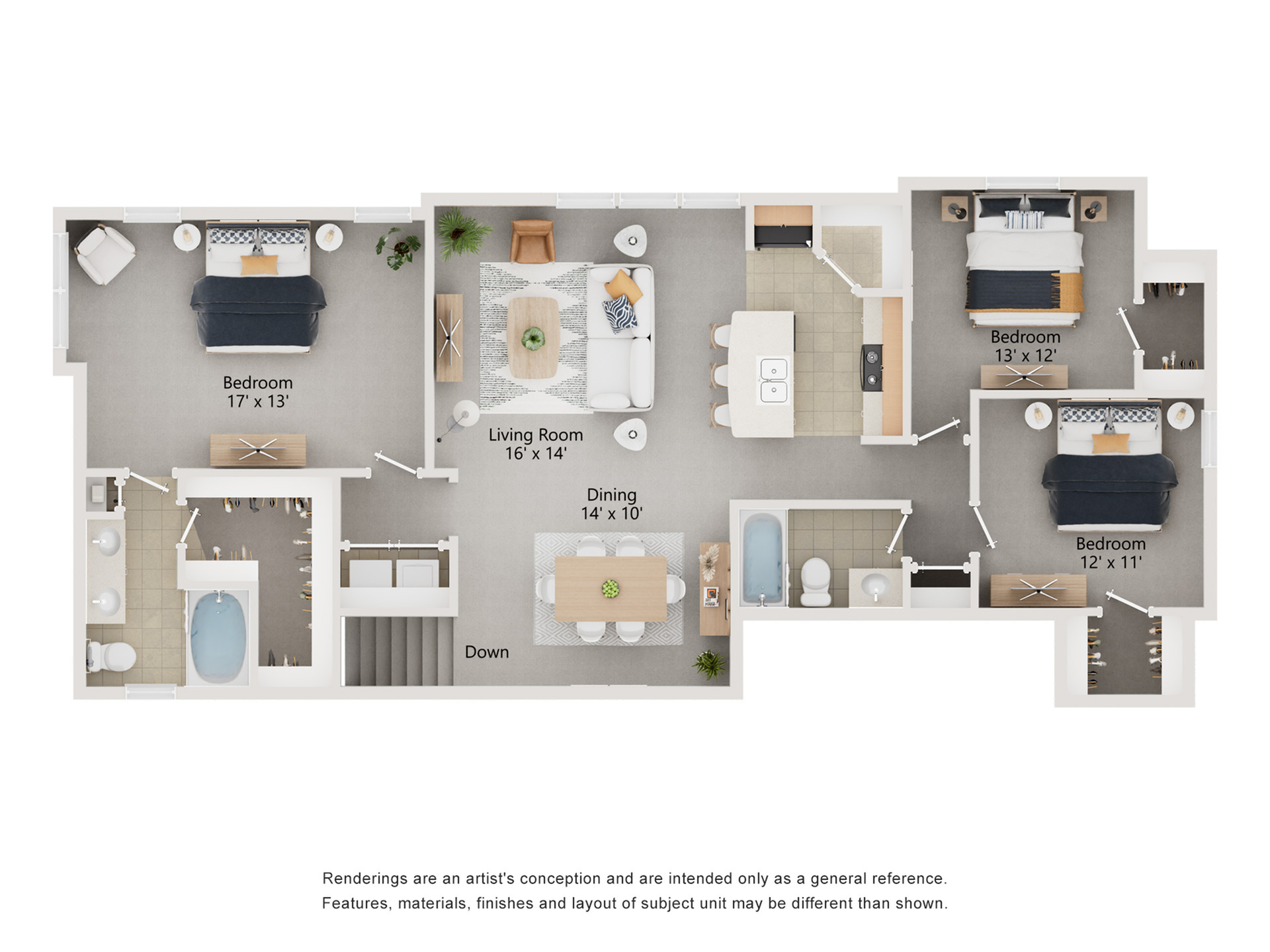 Modern 3-bedroom floor plan with spacious living room, dining area, and sleek kitchen, perfect for stylish living at Enclave on Golden Triangle Apartments in Fort Worth..