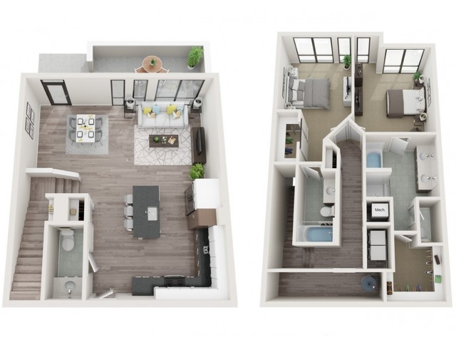 Townhouse T2 3D Floor Plan | 2 Bedroom with 2.5 Bath | 1528 Square Feet | Sugarmont | Apartment Homes