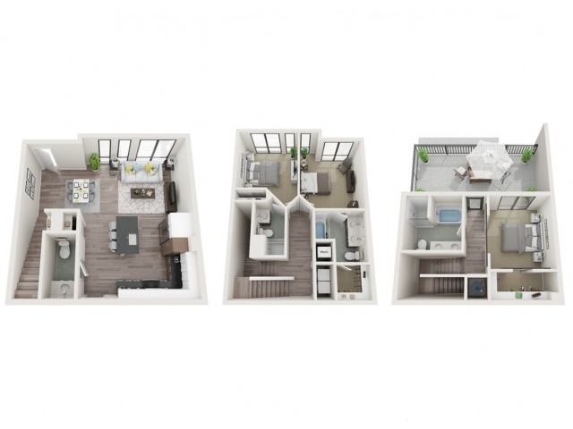 Townhouse T1 3D Floor Plan | 3 Bedroom with 3.5 Bath | 1615 Square Feet | Sugarmont | Apartment Homes