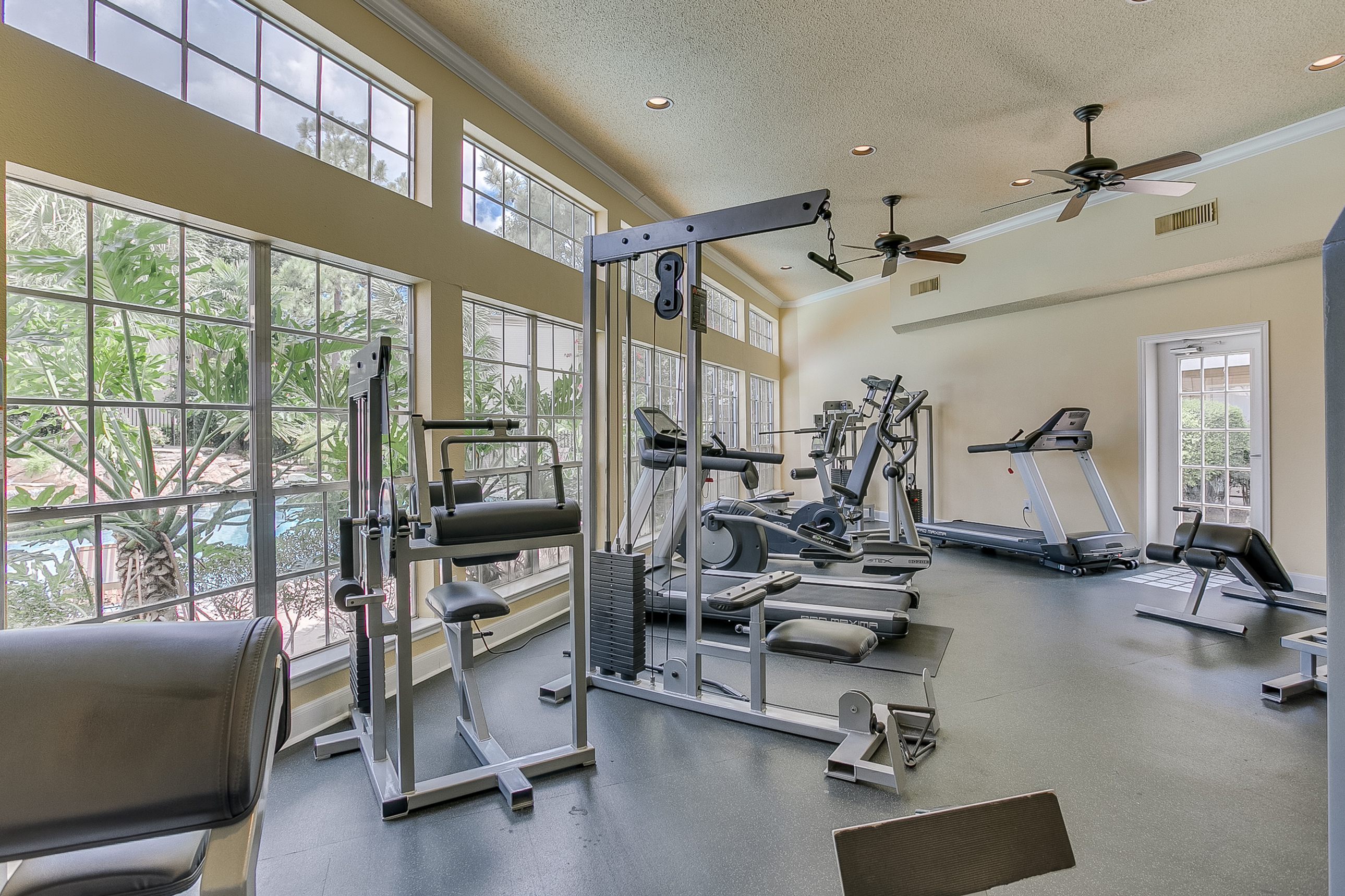 View of Fitness Center, Showing Cardio Machines, Cable Machines, and Window Views at The Regatta Apartments