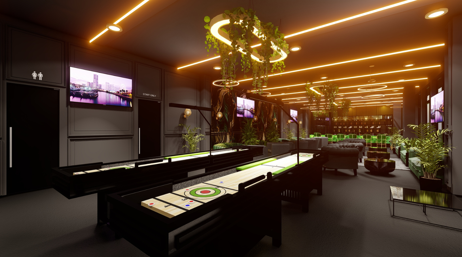 Modern luxury lounge with vibrant lighting, gaming tables, and plush seating.