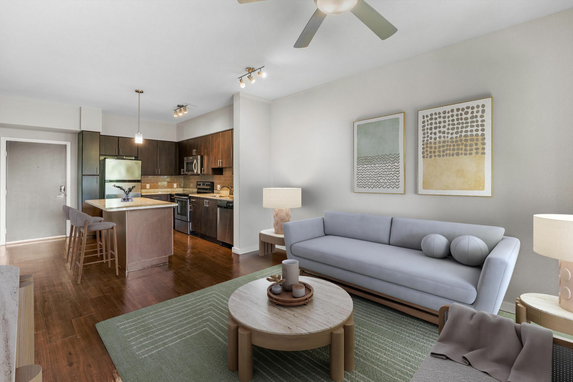 Spacious 1-bedroom apartment with modern open-concept and a sleek kitchen, cozy living area, and elegant decor in downtown saint petersburg