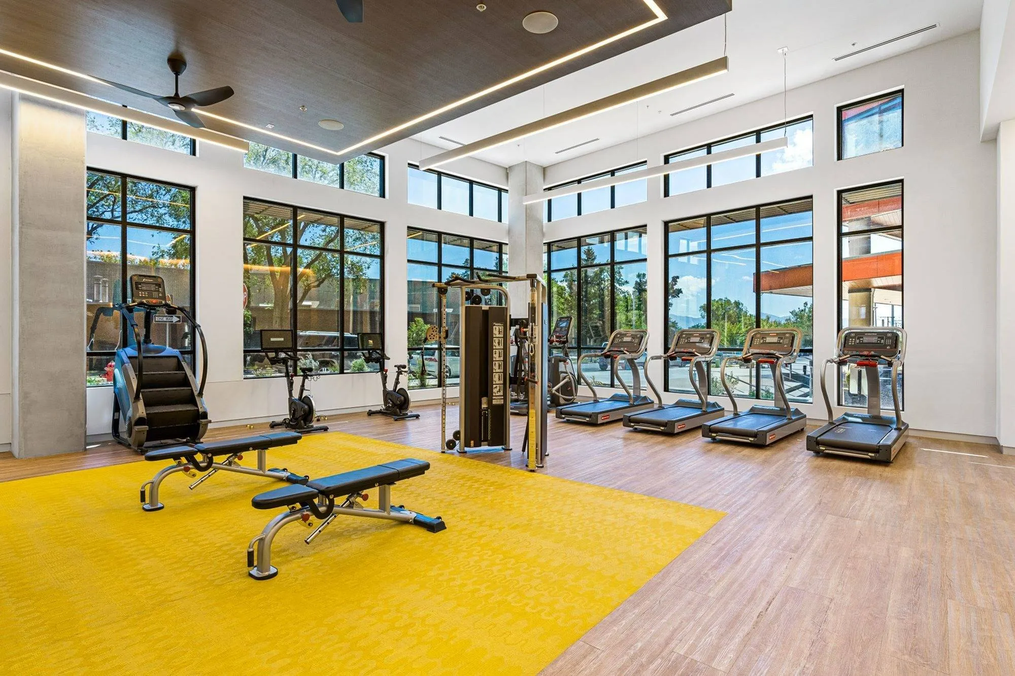 View of Sugarmont\'s Cardio Equipment Showing Large Floor to Ceiling Windows and Yellow and Wood Flooring