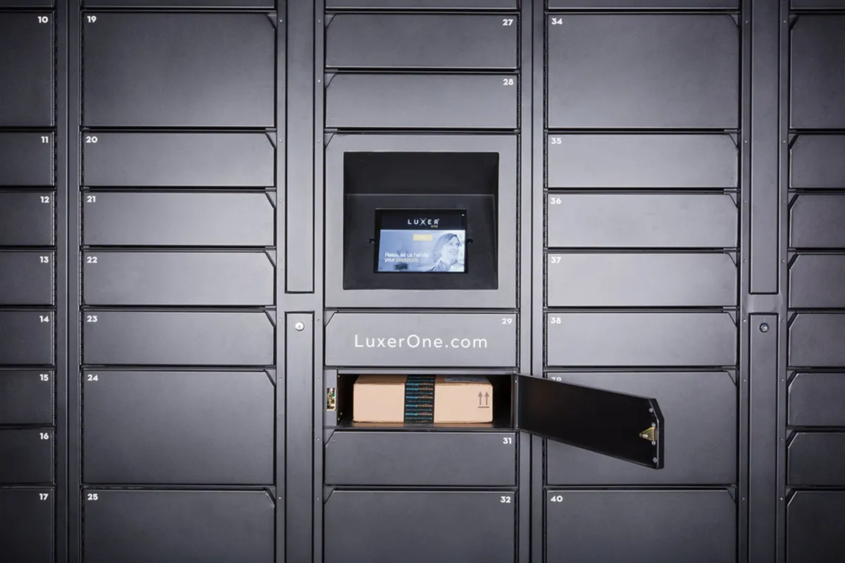 Sophisticated Luxer One package locker system, showcasing a modern design with secure compartments for convenient parcel management.