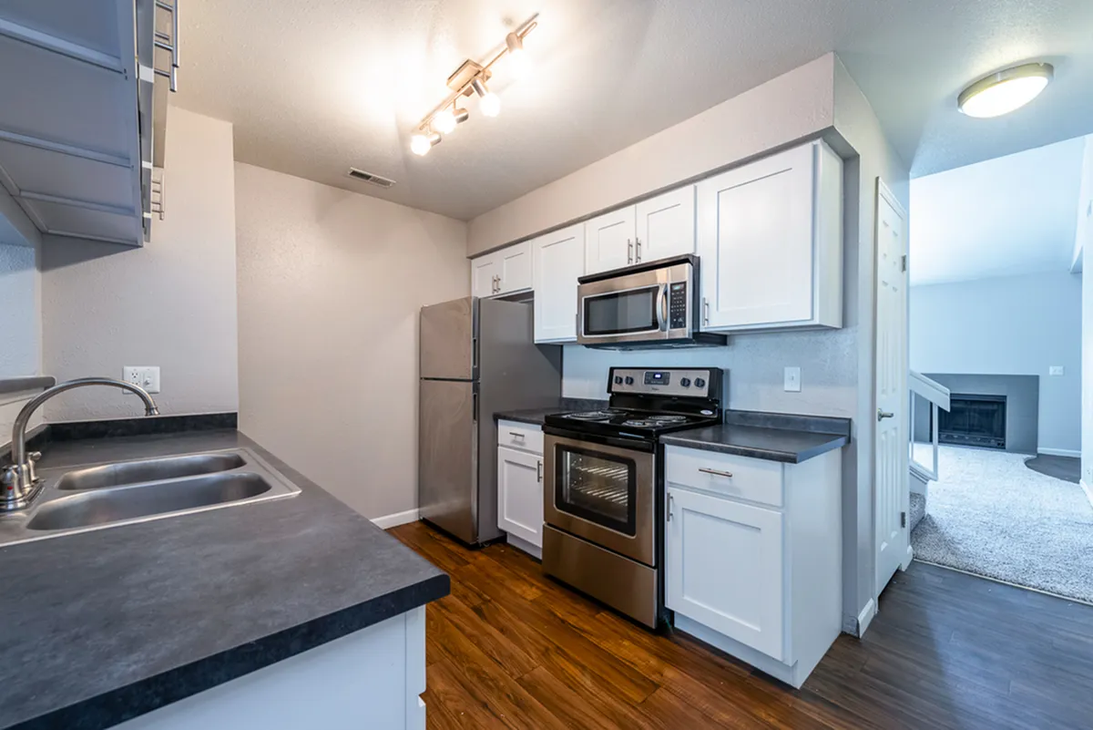 Modern kitchen with sleek stainless steel appliances, elegant cabinetry, and warm wooden flooring, leading into a cozy living space.