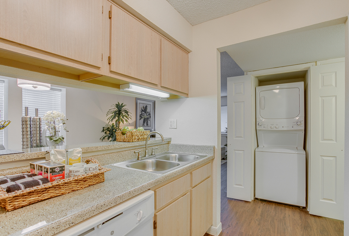 Bright kitchen featuring sleek countertops, modern cabinetry, and convenient in-unit washer and dryer.