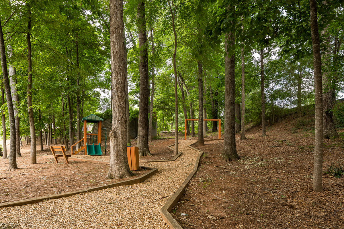 Charming forest playground with a rustic wooden path winding through tall trees, featuring a colorful swing set for outdoor enjoyment.