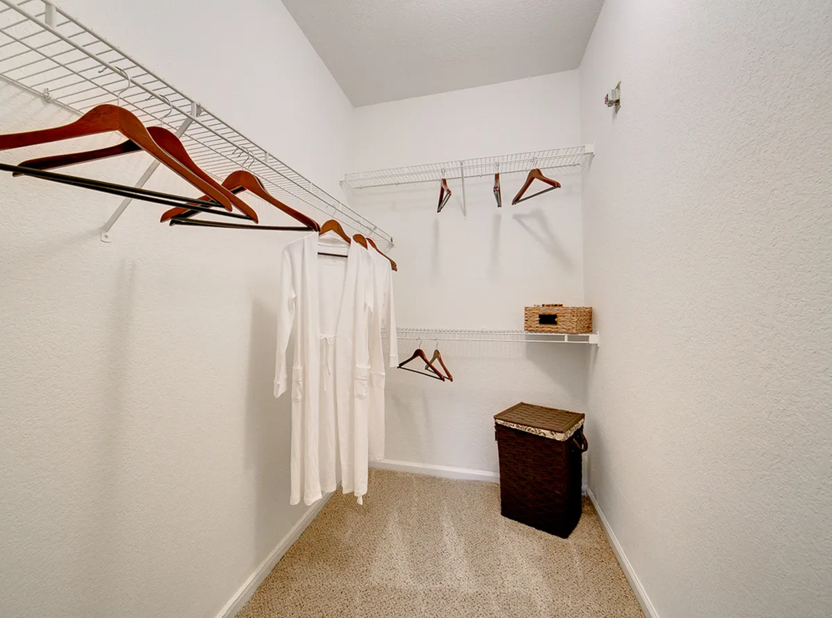 Spacious walk-in closet featuring shelving, hangers, and a cozy ambiance with carpeted flooring.