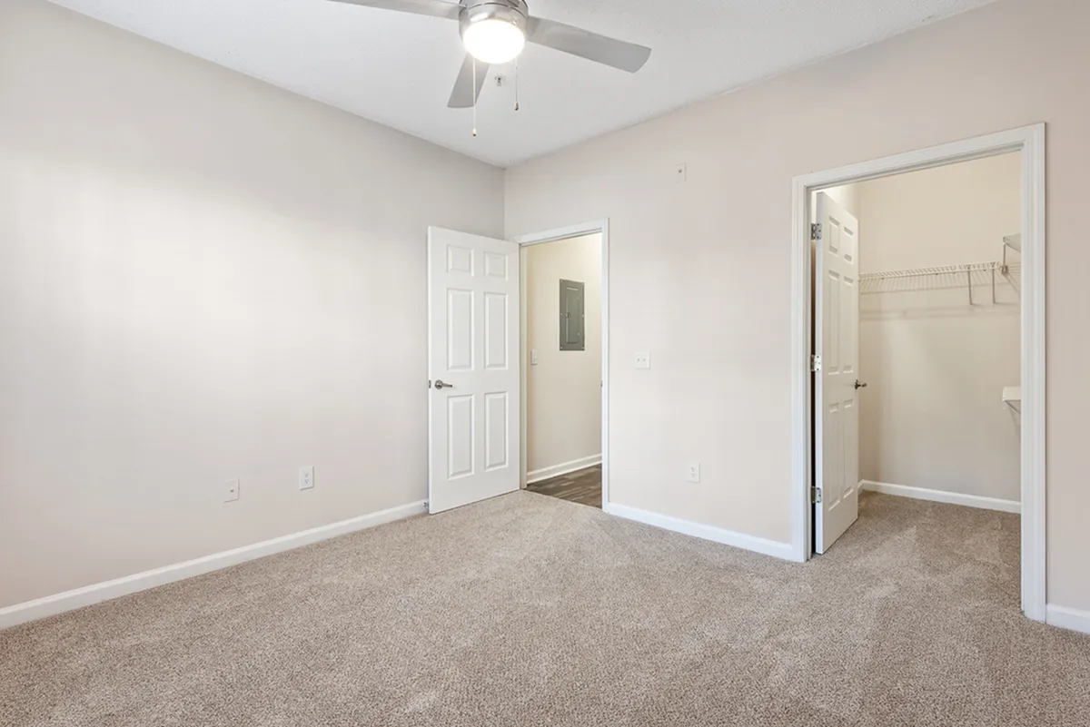 Bright and airy bedroom with soft carpeting, featuring a ceiling fan and access to a spacious walk-in closet, ideal for modern living.