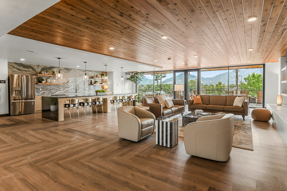 Luxurious open-concept living room with modern kitchen, chic furnishings, and stunning mountain views.