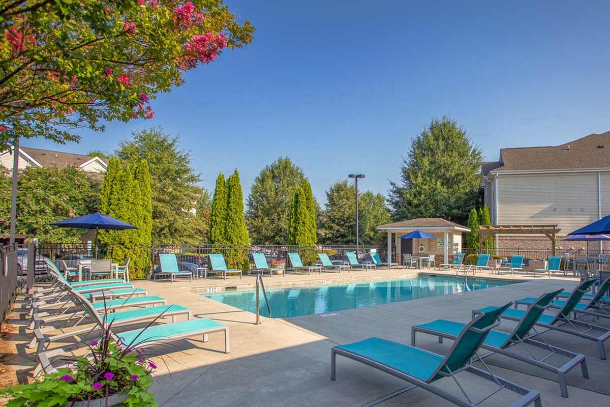 Inviting outdoor pool area with stylish lounge chairs and vibrant greenery, perfect for relaxation and leisure.