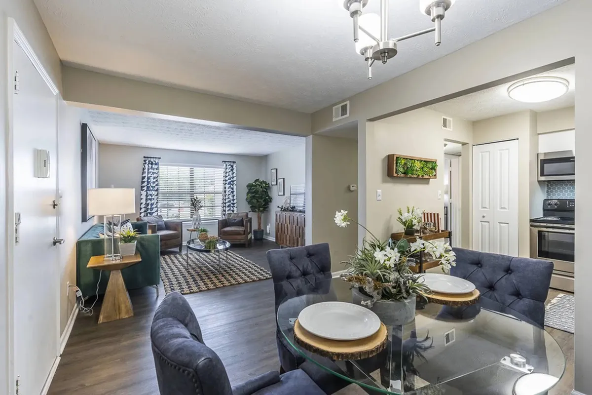 Chic open-plan living and dining area with modern decor, featuring a sleek kitchen and cozy seating arrangement bathed in natural light.