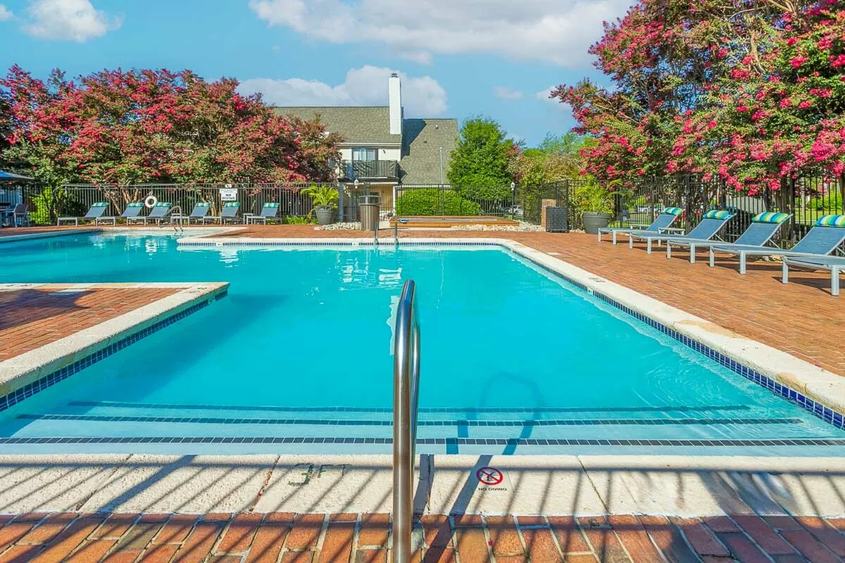 Vibrant outdoor pool area with inviting blue water, surrounded by lush landscaping and comfortable lounge chairs for relaxation.