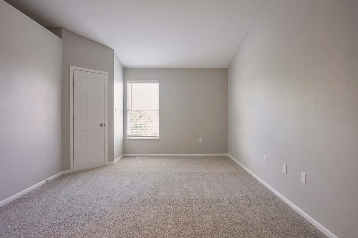 Bright and spacious empty room with plush carpeting, large window offering natural light, and a sleek modern design.