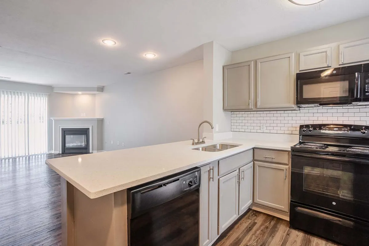 Bright and modern kitchen with a sleek quartz countertop, stainless steel sink, and elegant dark appliances, leading to a cozy living space with beautiful hardwood floors and a stylish fireplace.
