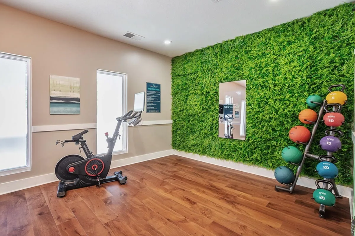 Modern fitness corner with vibrant green wall, exercise bike, and colorful kettlebells on rich wooden flooring.