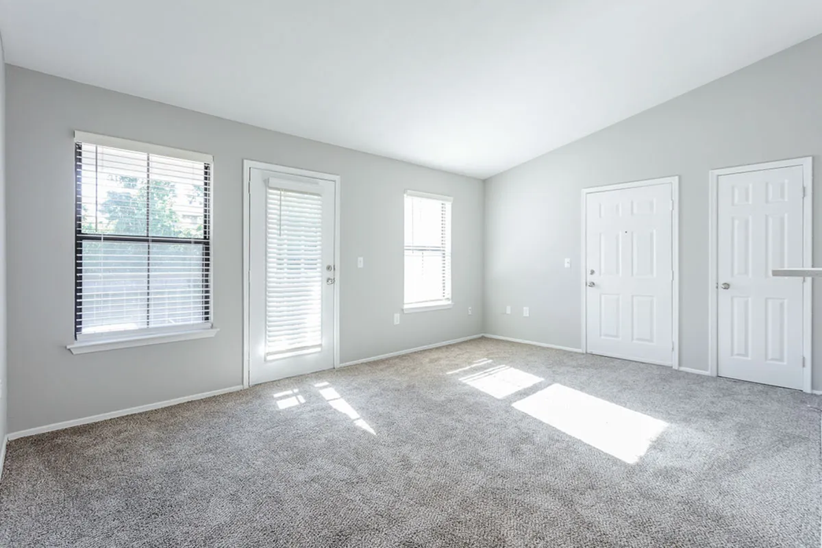 Bright, spacious living room with plush carpet and large windows, offering abundant natural light and modern elegance.