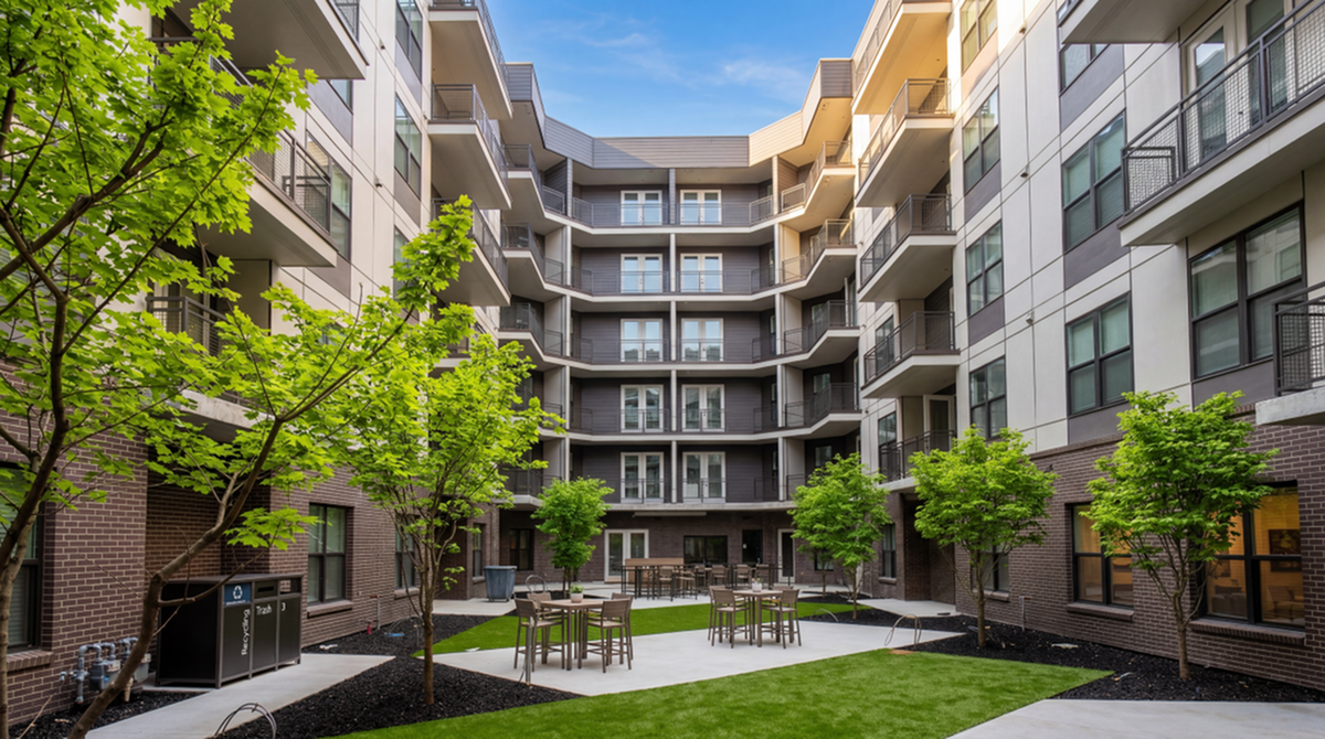 Vibrant modern apartment courtyard with stylish seating, lush greenery, and elegant multi-story architecture.