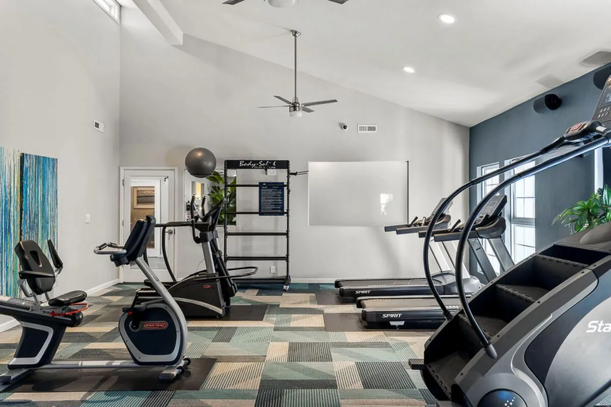 Modern fitness center with state-of-the-art treadmills, elliptical machines, and vibrant decor designed for an invigorating workout experience.