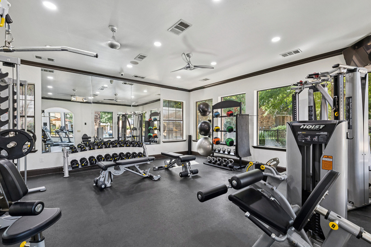 Modern fitness center with state-of-the-art equipment, featuring free weights, workout machines, and a mirrored wall for an enhanced exercise experience.
