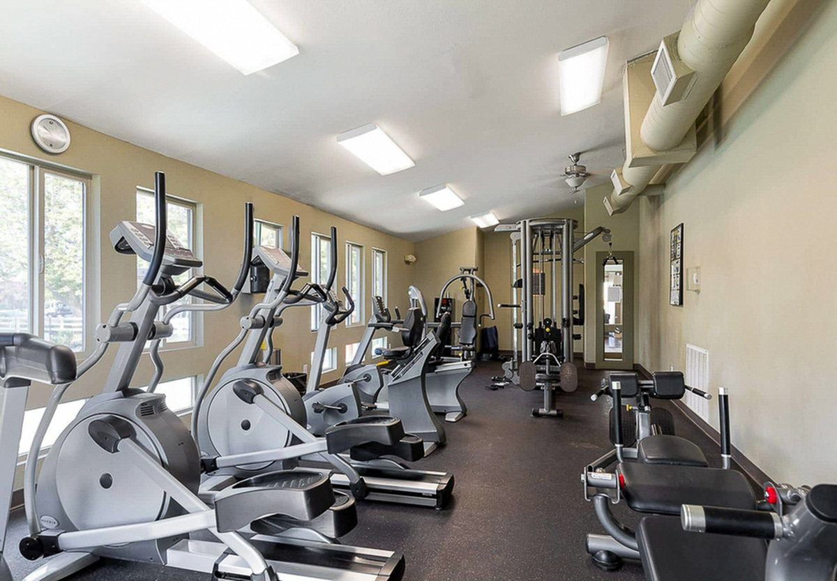 Modern apartment gym with state-of-the-art exercise equipment and large windows for natural light.