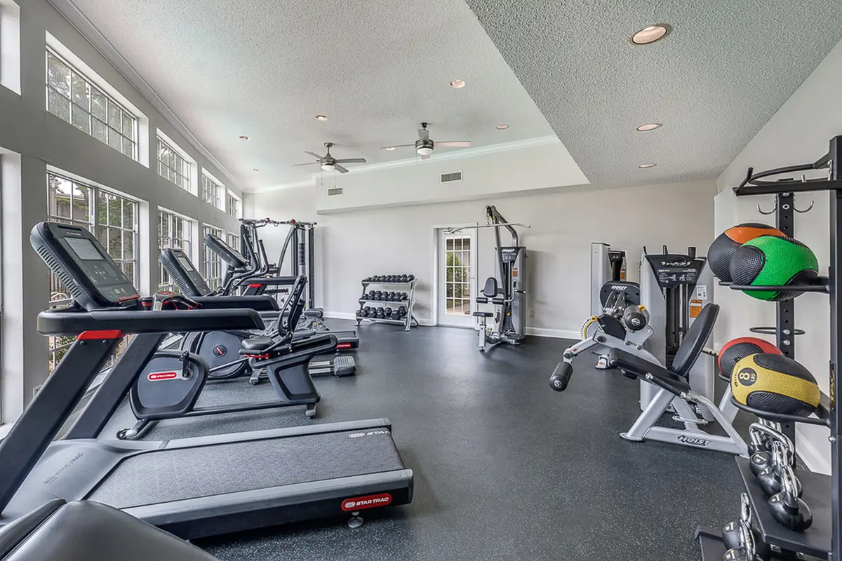 Contemporary fitness center with state-of-the-art cardio machines, weight racks, and spacious exercise area filled with natural light.