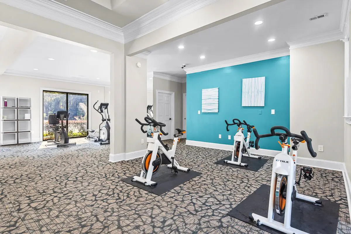 Modern fitness room with sleek stationary bikes and vibrant teal accent wall, perfect for an energizing workout.