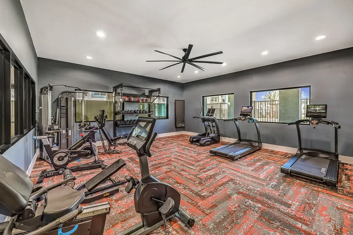 Modern gym with cardio machines and vibrant flooring, ideal for fitness enthusiasts.