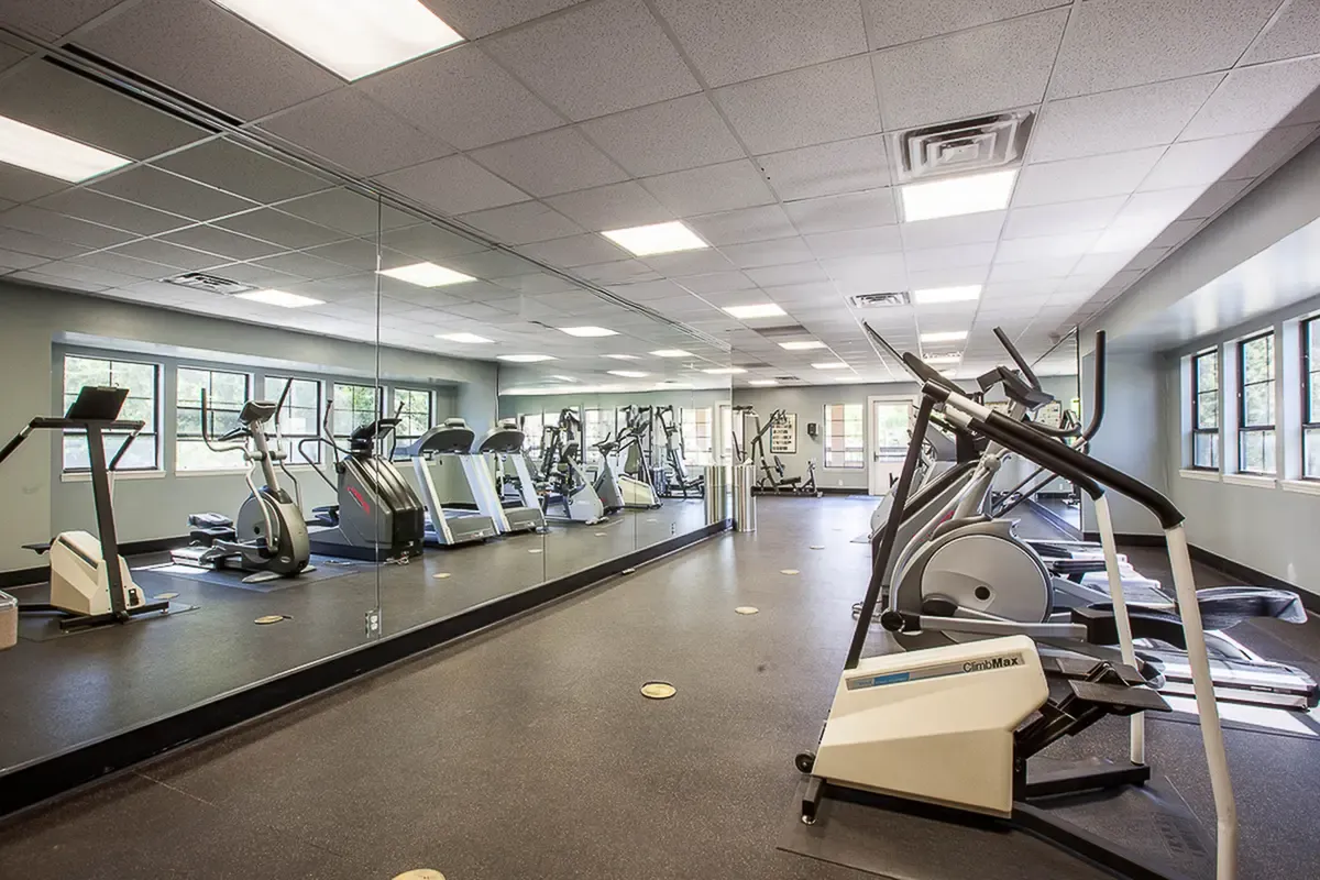 Spacious and modern apartment gym with large windows, various fitness machines, and bright lighting.