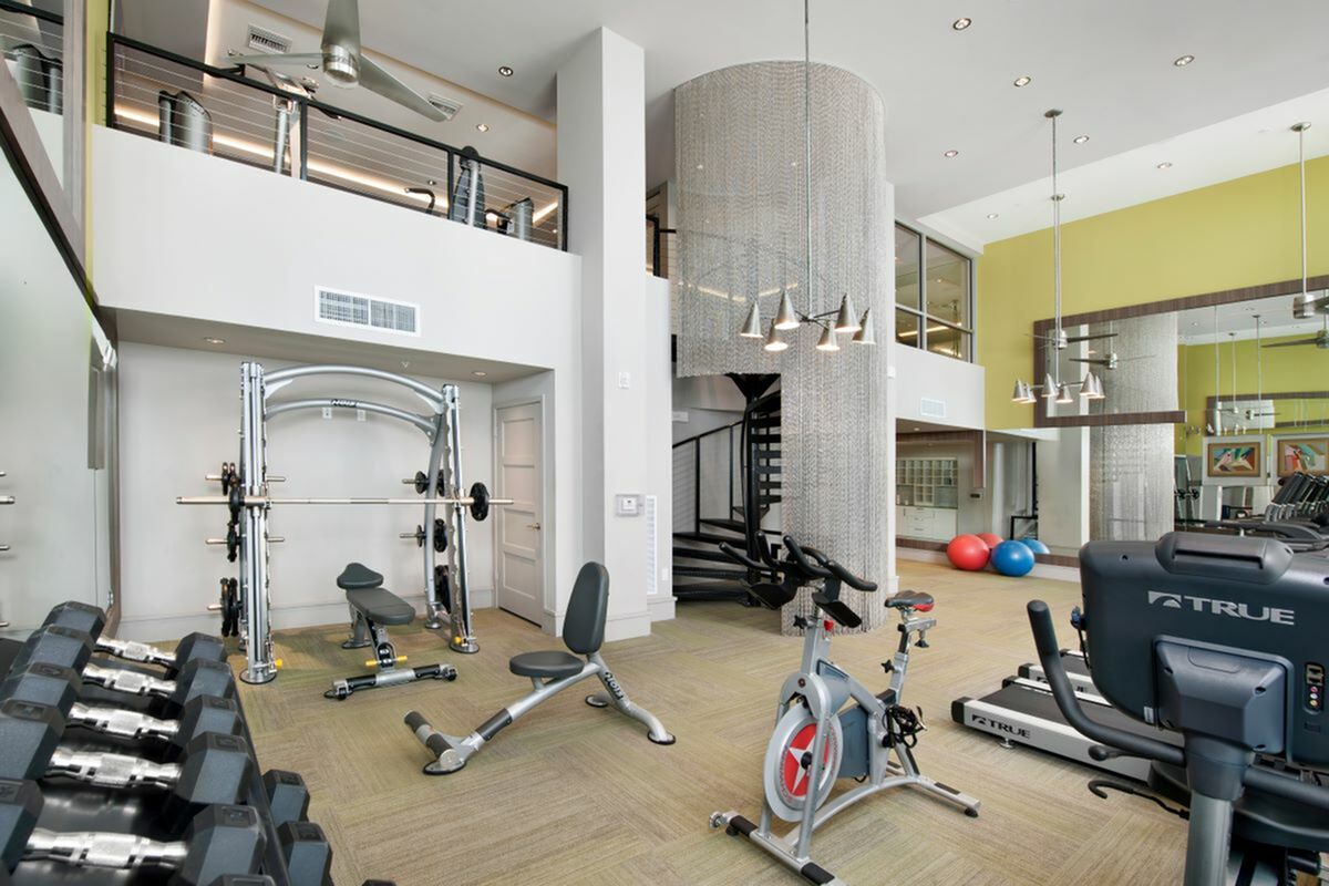 Luxurious apartment gym featuring state-of-the-art fitness equipment, modern design, and ample natural light.