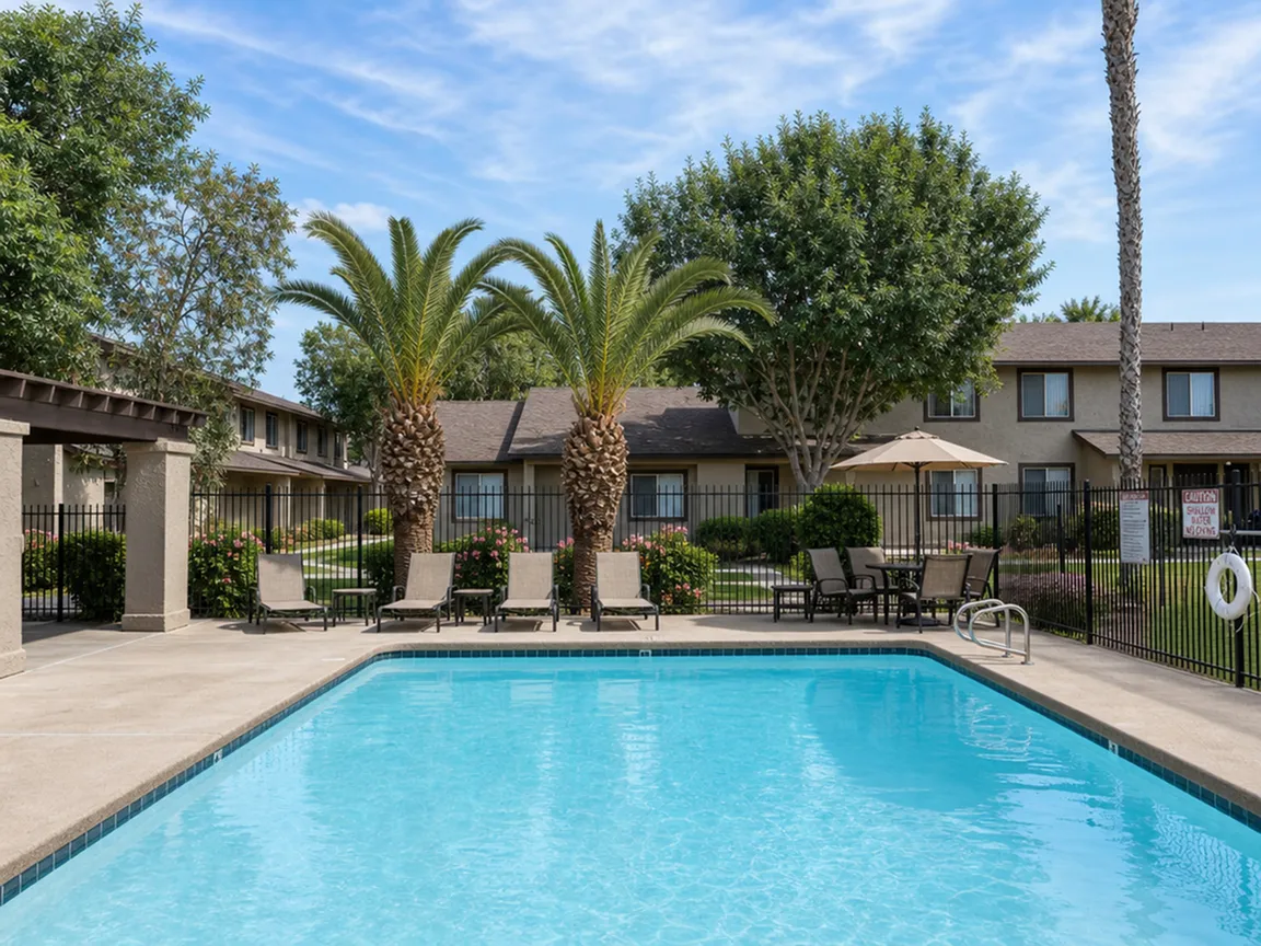 Inviting apartment community with a sparkling pool, lush palm trees, and comfortable poolside seating at Camelot Apartments in Yuma, AZ.