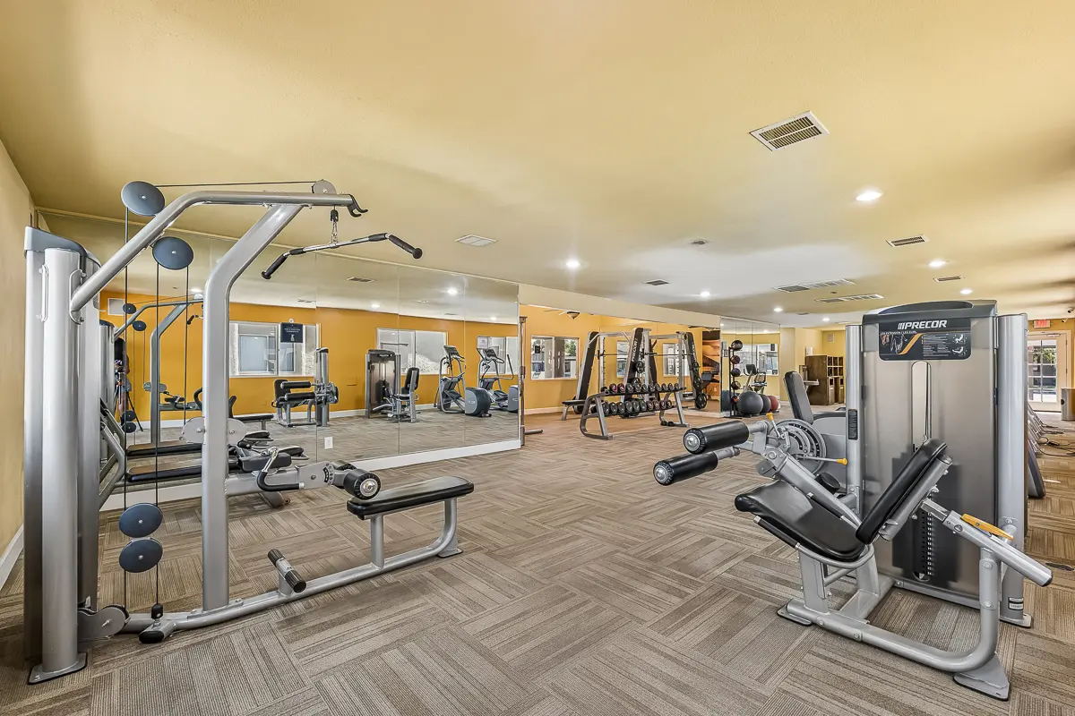 Modern fitness center with state-of-the-art exercise equipment and mirrored walls in a bright, spacious room at Camelot Apartments in Yuma, AZ.