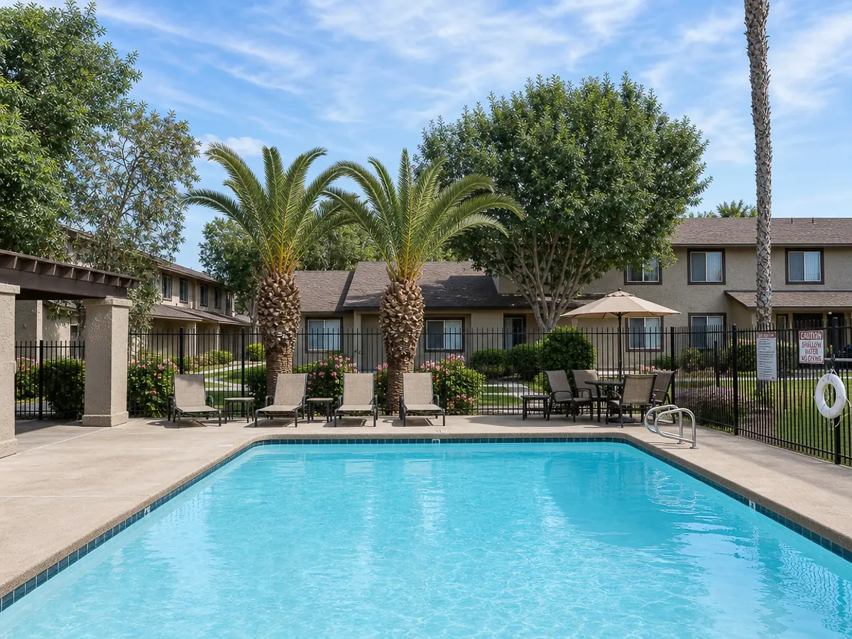 Inviting apartment community with a sparkling pool, lush palm trees, and comfortable poolside seating at Camelot Apartments in Yuma, AZ.