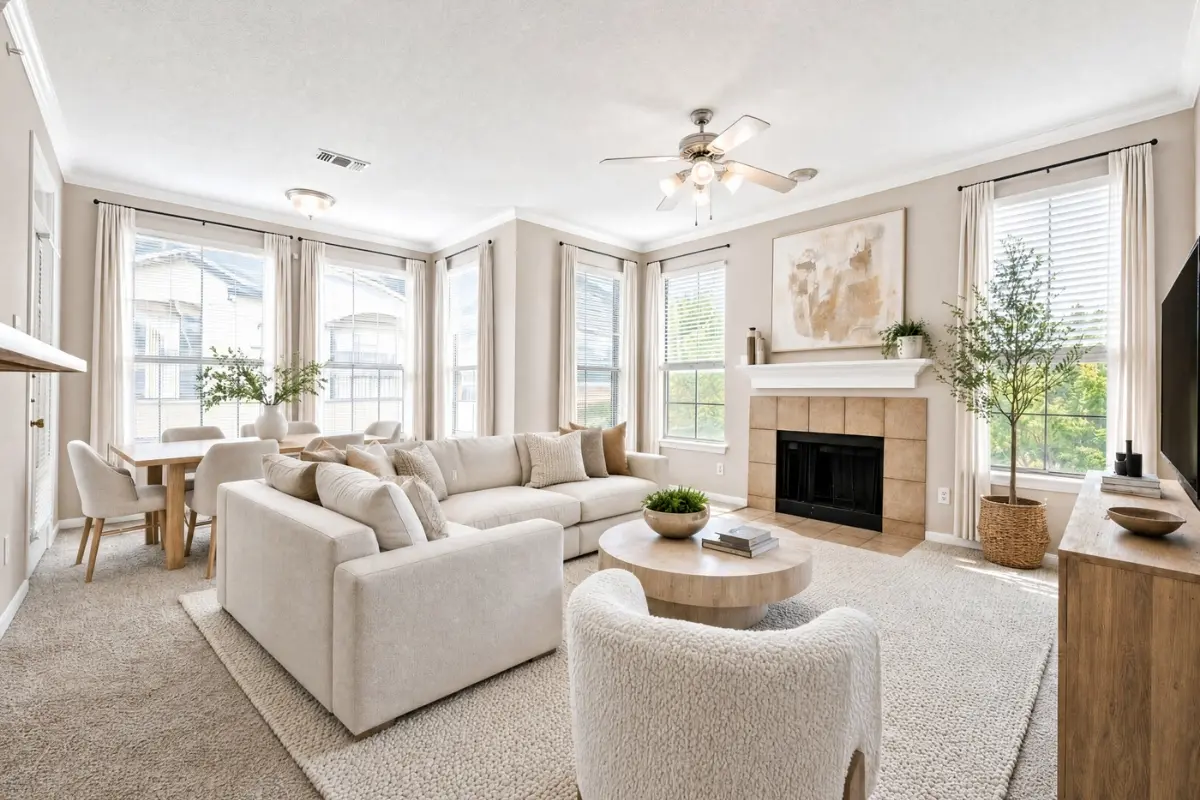 Modern open-concept living area with elegant dining set, cozy sectional sofa, and contemporary kitchen design.