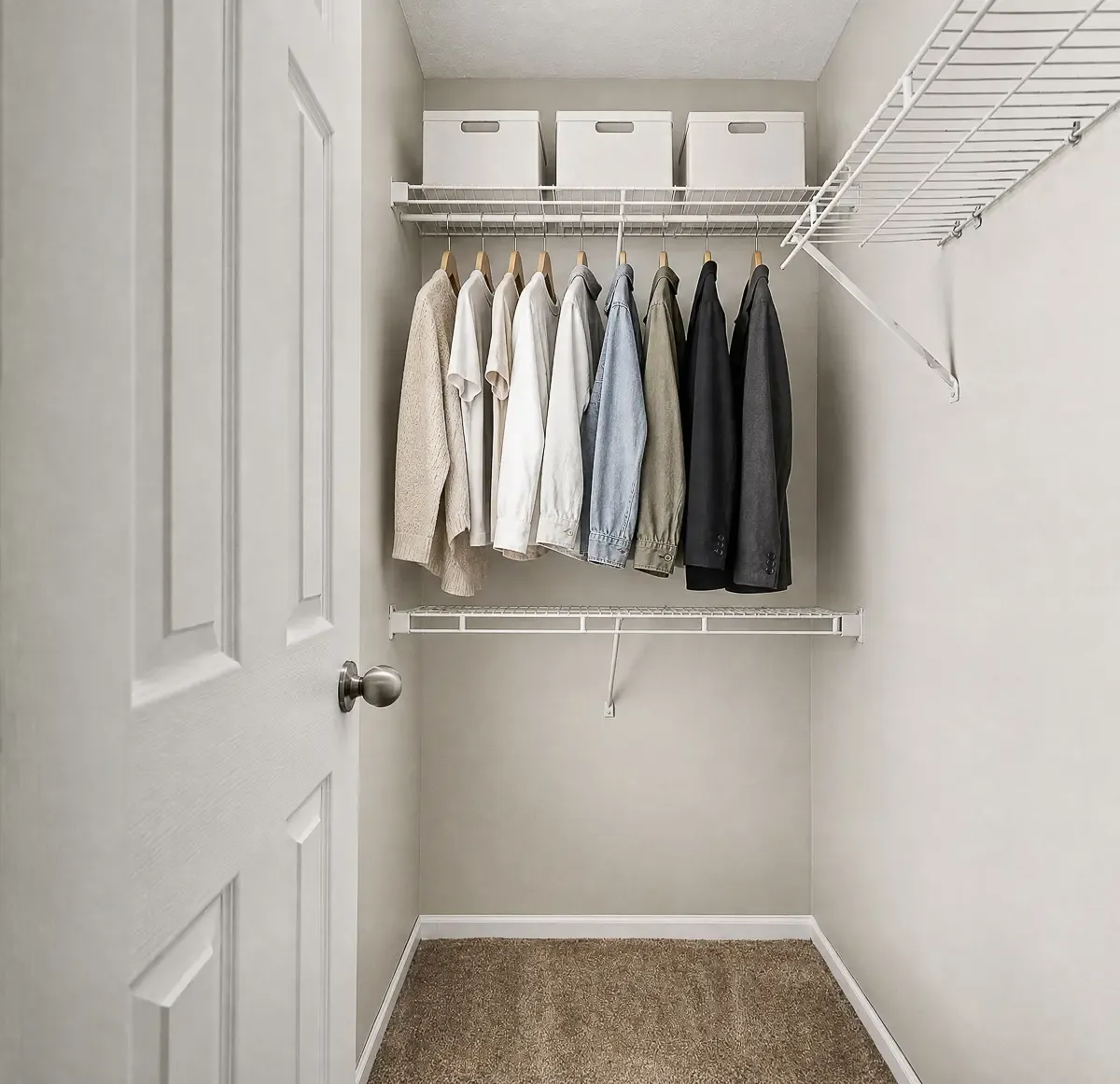 Spacious and organized walk-in closet featuring modern shelving and ample storage, perfect for a stylish wardrobe.
