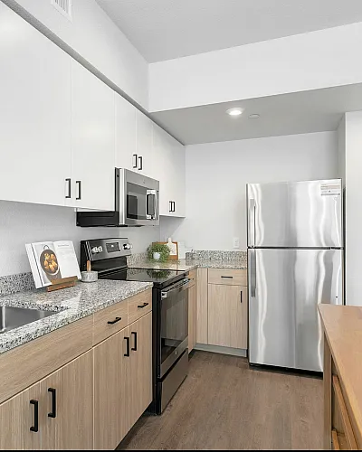 Bright and modern kitchen featuring stainless steel appliances, sleek granite countertops, and elegant wooden cabinetry.