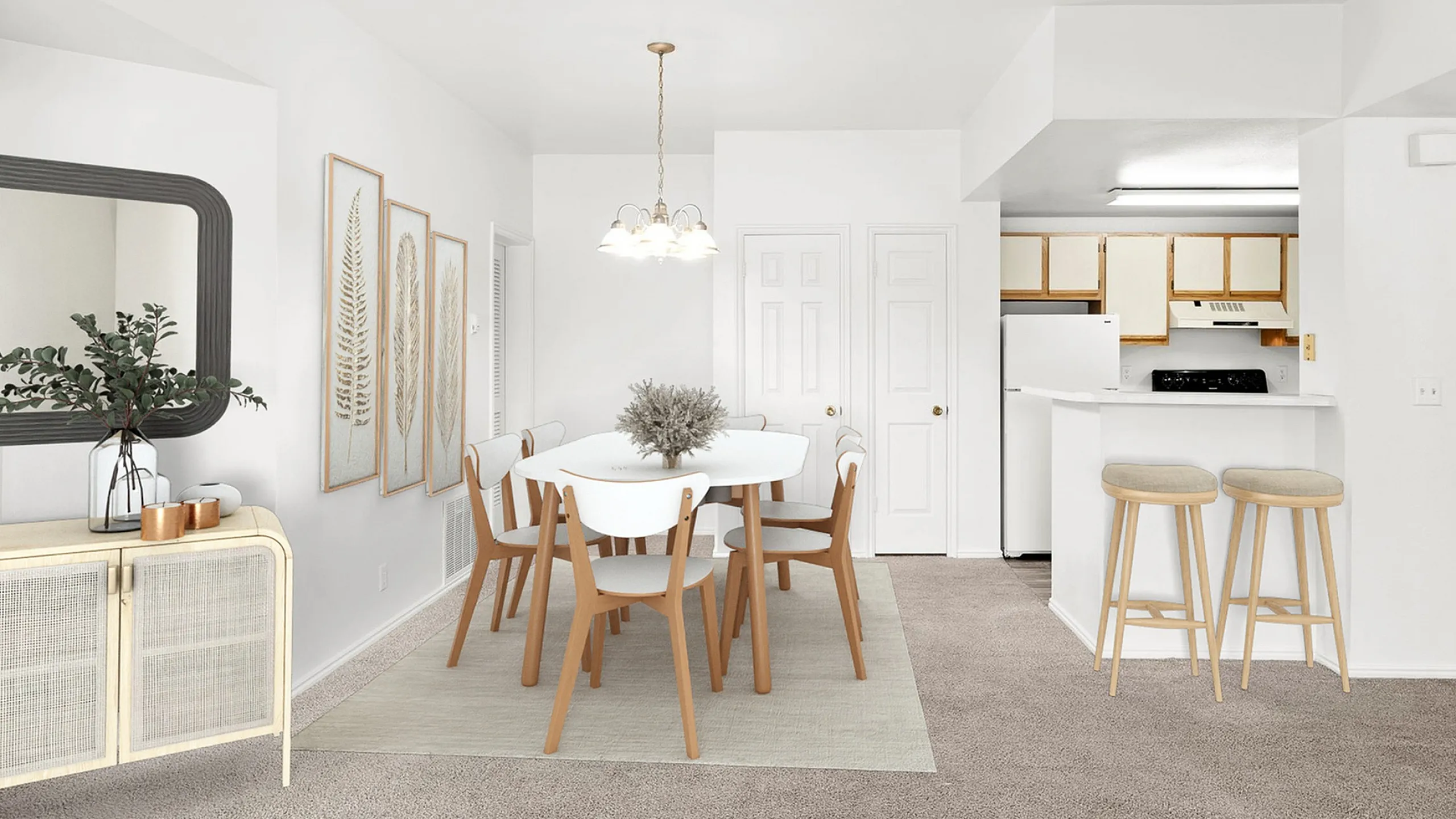 Modern dining area at Fox Point in Old Farm Apartments with elegant wooden furniture, chic decor, and a cozy open-concept kitchen with bar stools.