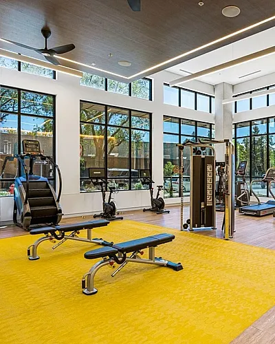 Bright and modern fitness center with large windows, featuring treadmills, weight benches, and exercise bikes on a vibrant yellow mat at Sugarmont Apartments in SLC