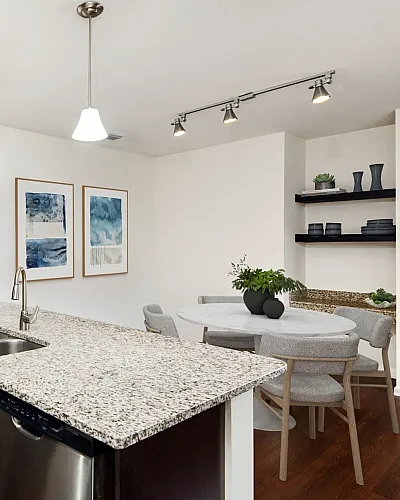 Elegant kitchen with stainless steel appliances and granite countertops, adjacent to a cozy dining area with stylish decor at The Marq Highland Park