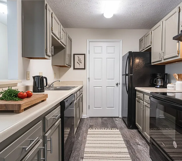 Modern kitchen with sleek gray cabinetry, stainless steel appliances, and charming wood accents. Elegant and functional design perfect for culinary creativity.