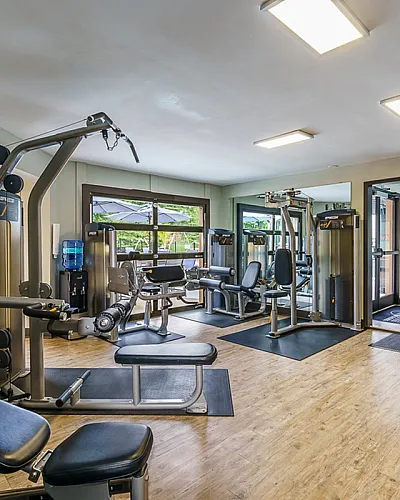Bright and modern fitness center with state-of-the-art gym equipment and motivational quotes on the wall.