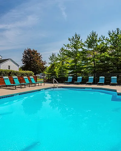 Inviting outdoor pool area with modern sun loungers and lush greenery, perfect for relaxation and leisure.