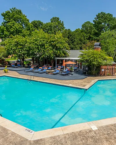 Inviting outdoor pool surrounded by lush greenery and stylish lounge chairs, perfect for relaxation and leisure.