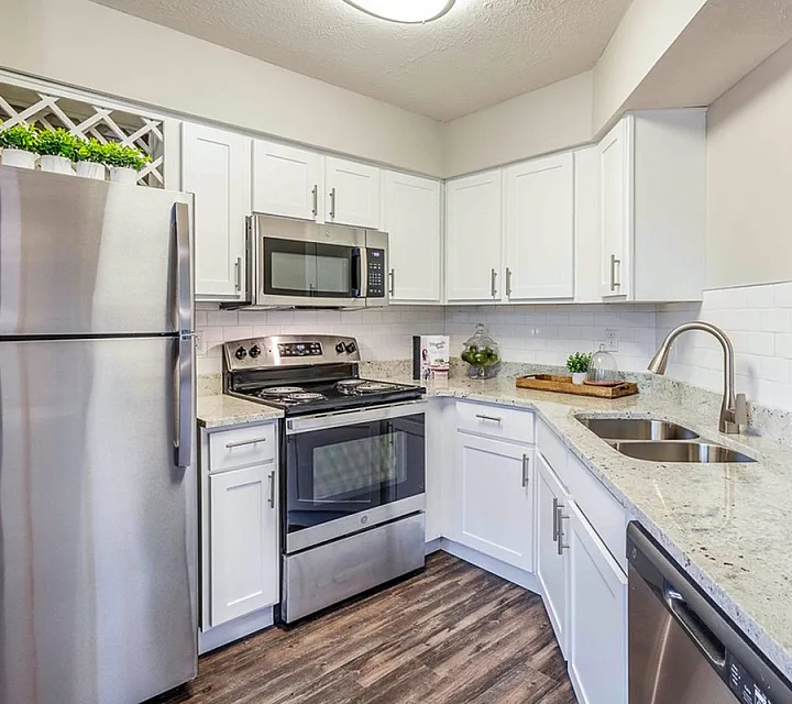 Modern kitchen with sleek stainless steel appliances, elegant white cabinets, and granite countertops, featuring a cozy U-shaped design with stylish decor.