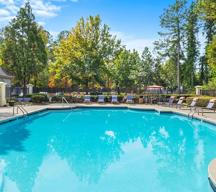 Inviting outdoor swimming pool surrounded by lush greenery and comfortable lounge chairs, perfect for relaxing under a clear blue sky.